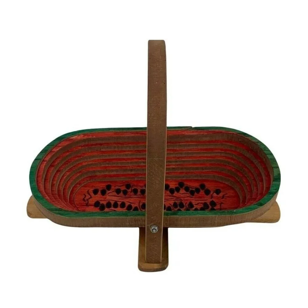 Pop Up Watermelon Basket w/ Handle Collapsible Wooden Handmade Summer Signed GPA